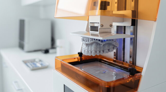 Close-up of a 3D printer creating a human jaw model in a modern laboratory, advanced dental technology and prosthetics concept