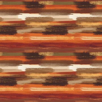 Seamless pattern background with abstract earth tone watercolor brush strokes. Continuous artistic textile print or hand painted paint texture with horizontal orange, terracotta, and brown stripes.

