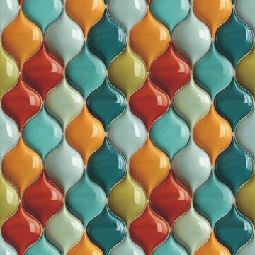 Seamless pattern background featuring colorful 3D ceramic tiles with a glossy teardrop geometry. Beautiful mid-century modern mosaic illustration with elegant Moroccan ogee shapes in teal, orange, and