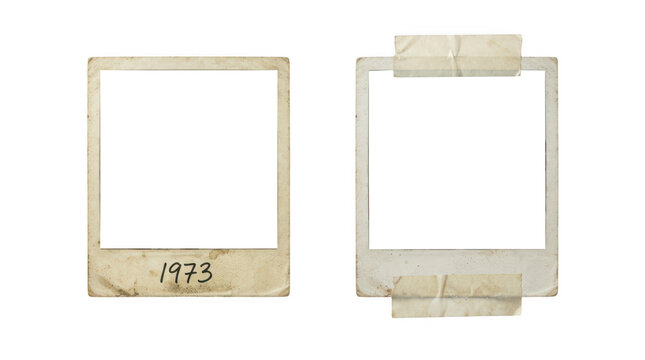 Old vintage polaroid photo frames with tape isolated on transparent background