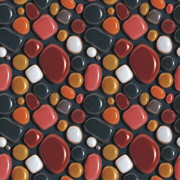 Seamless pattern background with glossy 3D stones and sparkling metallic gems. Beautiful luxury mosaic surface illustration with glossy abstract pebbles in burgundy, gold, and dark gray tones.
