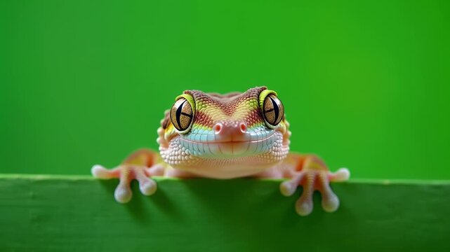 Curious Leopard Gecko Peeking Over Green Surface in Soft Natural Light