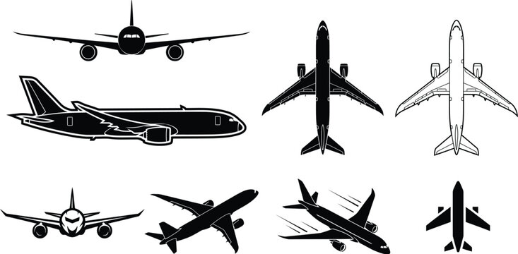 Boeing 787 Dreamliner Widebody Commercial Passenger Jet Airliner Orthographic Views Silhouette Vector Set