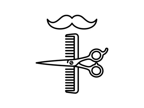 Barber shop logo featuring mustache scissors and comb icon isolated
