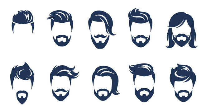 Selection of various men hairstyles, beards, and mustaches shown as silhouettes for a barbershop or grooming guide.