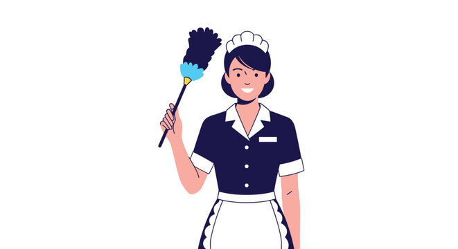 Professional hotel maid character in a classic black and white uniform holding a feather duster for cleaning tasks.