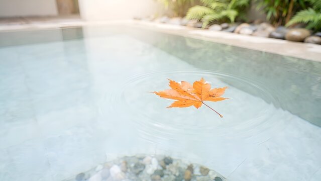 A solitary orange maple leaf floating on the clear calm surface of a tranquil swimming pool.