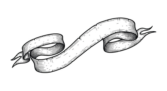 Classic hand drawn engraving of a blank flowing ribbon banner used for vintage titles, labels, or scroll designs.