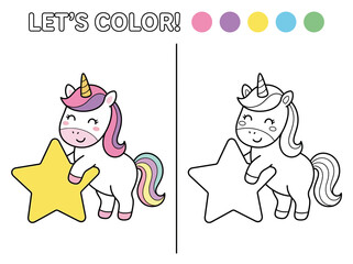 Educational coloring page for children featuring a cute unicorn holding a star with color guide examples © rafsanwd