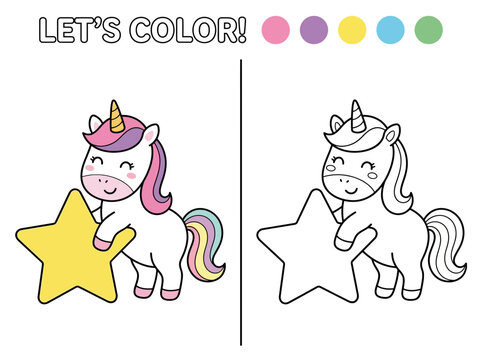 Educational coloring page for children featuring a cute unicorn holding a star with color guide examples