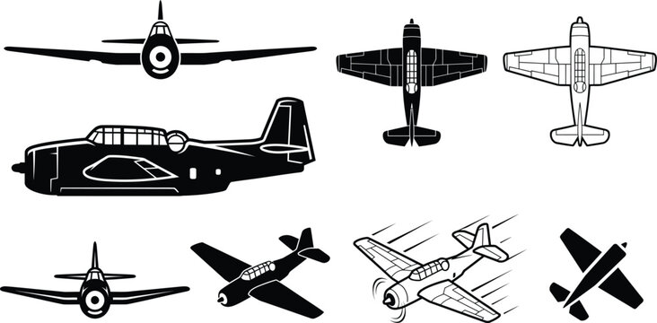 Grumman TBF Avenger Carrier-Based Torpedo Bomber Warplane Technical Blueprint Silhouette Vector Set