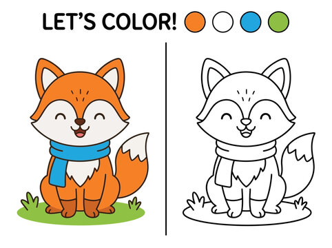 Educational coloring page for kids featuring a cute cartoon fox wearing a scarf with a color guide
