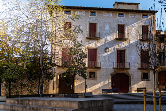 Historic Casa Masferrer decorated sgraffito facade in Vic, Spain.
