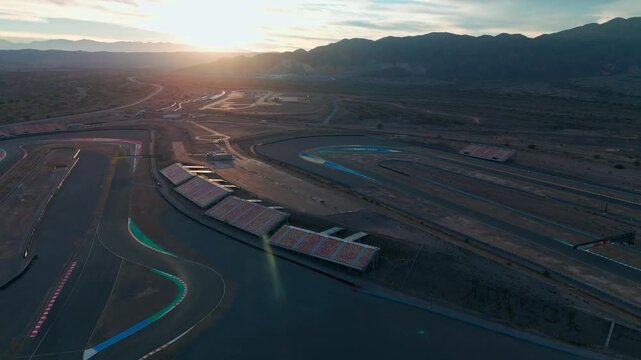 drone shot over Circuito San Juan Villicum in argentina during sunset