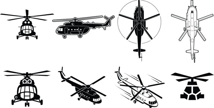Mil Mi-17 Hip Twin-Turbine Medium Utility Cargo Transport Military Helicopter Blueprint Silhouette Vector