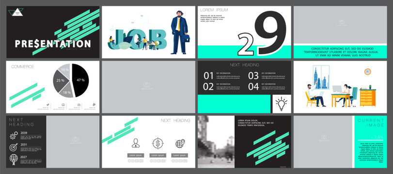 Presentation design template PowerPoint business project, photo, green design white background, set. People, job in the office. Use in annual report, marketing advertising. Vector infographic