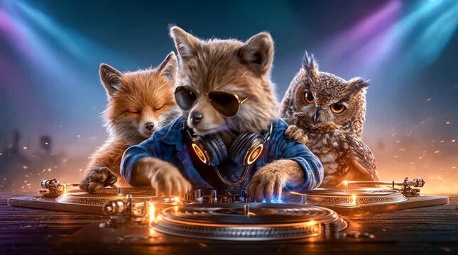 Fox and Owl Duo DJing at Glowing Turntables in a Hazy Nightclub, with layered turntable close-ups and blurred crowd silhouettes