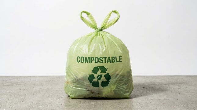 Compostable green plastic waste bag tied with a bow sitting on a grey concrete surface