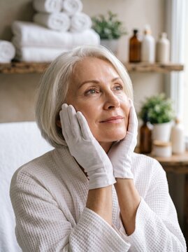 A senior woman with gray hair gently touches her face wearing white gloves, representing skincare, self care and healthy aging at home.