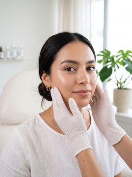 A gloved specialist gently examines a young woman's clear facial skin, a portrait representing skincare, beauty treatment and dermatology.