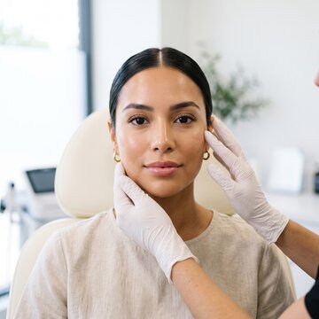 A gloved specialist gently examines a young woman's clear facial skin, a portrait representing skincare, beauty treatment and dermatology.