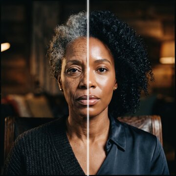 A Black woman's split face portrait shows gray hair and wrinkles on one side and dark curly hair with smooth skin on the other, an aging concept.