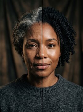 A Black woman's split face portrait shows gray hair and wrinkles on one side and dark curly hair with smooth skin on the other, an aging concept.