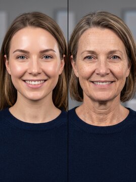 Side by side smiling portraits of a younger woman and an older woman, representing family generations or an aging beauty concept.