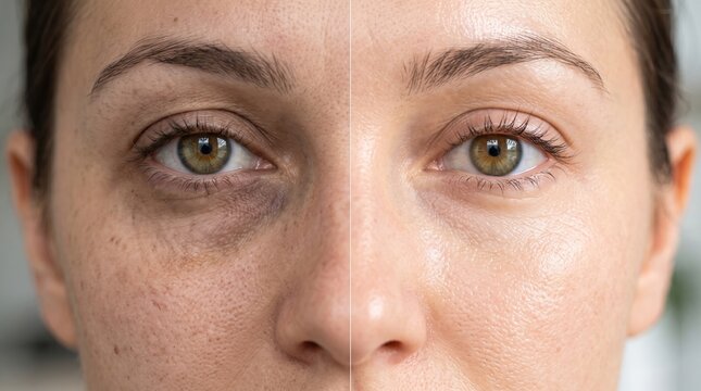 Extreme close-up of a woman's eye area showing dark circles and puffiness before, and bright smooth skin after a treatment.