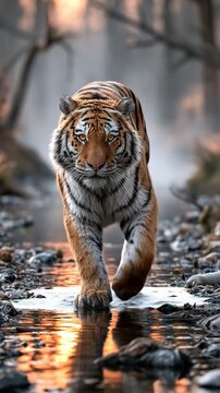Vertical Video, Tiger Walking Beside Polluted River Aerial Drone Shot