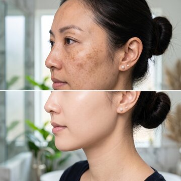 Side profile of an Asian woman showing pigmentation before and clear skin after a melasma treatment, dermatology skincare comparison.