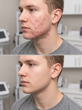 Side profile of a young man showing inflamed acne before and clear skin after treatment, a dermatology skincare before and after comparison.