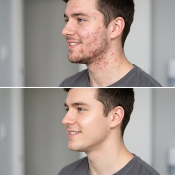 Side profile of a young man showing inflamed acne before and clear skin after treatment, a dermatology skincare before and after comparison.