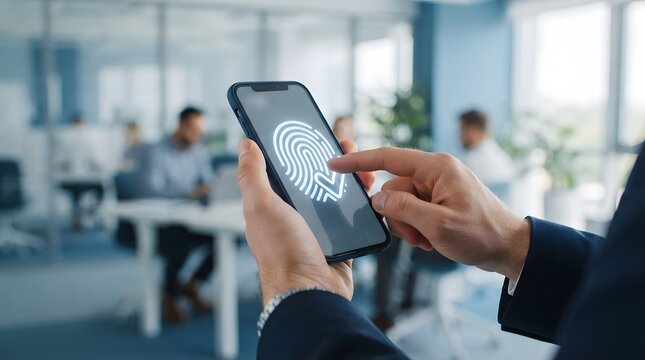 Businessman using biometric fingerprint security on smartphone for secure digital access in office.