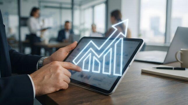 Businessman using digital tablet with glowing growth arrow and bar chart overlay in a modern office.