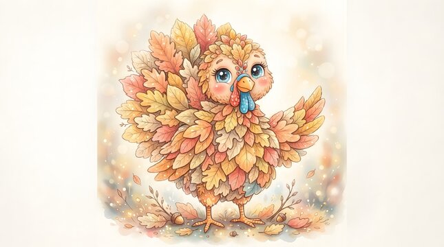 A cute thanksgiving turkey cartoon illustration featuring a fluffy bird character with warm autumn colors perfect for holiday greeting cards and festive seasonal design projects