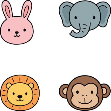 Adorable zoo animal face vector icons rabbit elephant lion monkey head