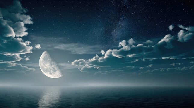 Glowing half moon shines brightly above the calm dark ocean water under a vast starry sky
