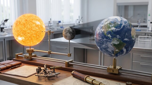 Vintage brass orrery model representing the Sun, Earth, and Moon on a wooden table in a modern science laboratory