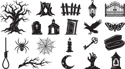 Fototapeta premium Spooky Graveyard Halloween Elements and Gothic Horror Black Silhouette Vector Icon Set