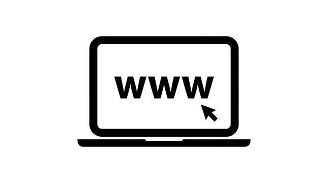 Minimalist vector graphic illustration featuring a black laptop computer screen displaying www text and a cursor for digital web browsing