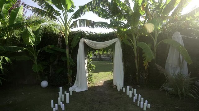 Fabric-draped garden arch between banana plants with candle-lined aisle under bright sunlight, with arch, drapery, fabric, banana detail, showing leave, tropical, garden, hedge context