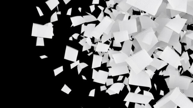 たくさんのノートの紙が画面を横切り飛んでいく透過トランジションワイプ