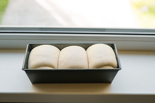 Sourdough shokupan dough rising in a Pullman loaf pan near a window  