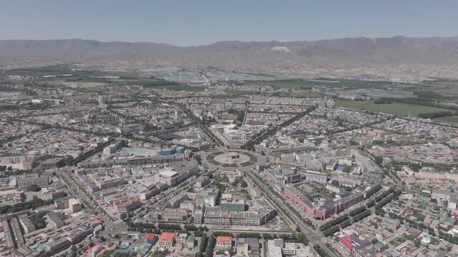 Aerial view of Tekes Bagua city, Ili, Xinjiang, China. City without traffic light.