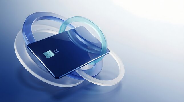 Blue credit card with chip and contactless symbol on abstract rings background.