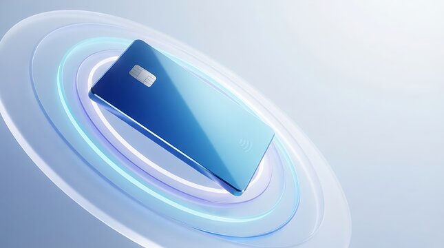 Blue digital credit card with light ripples represents secure contactless banking tech.