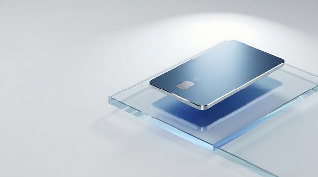 Blue credit card with NFC chip and wifi symbol on clear glass and blue layer.