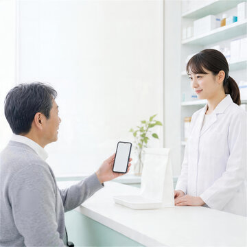 座位の高齢患者が薬剤師にスマートフォンを提示する薬局受付