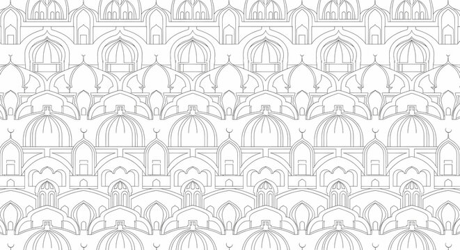 Elegant white architectural pattern featuring repeating mosque and palace domes in a seamless vector design